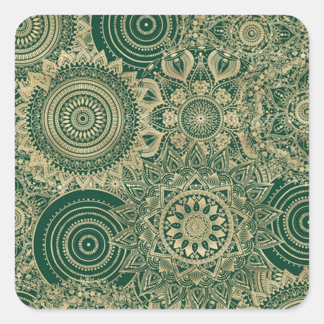 Green Gold Mandala Collection Square Sticker (Front)