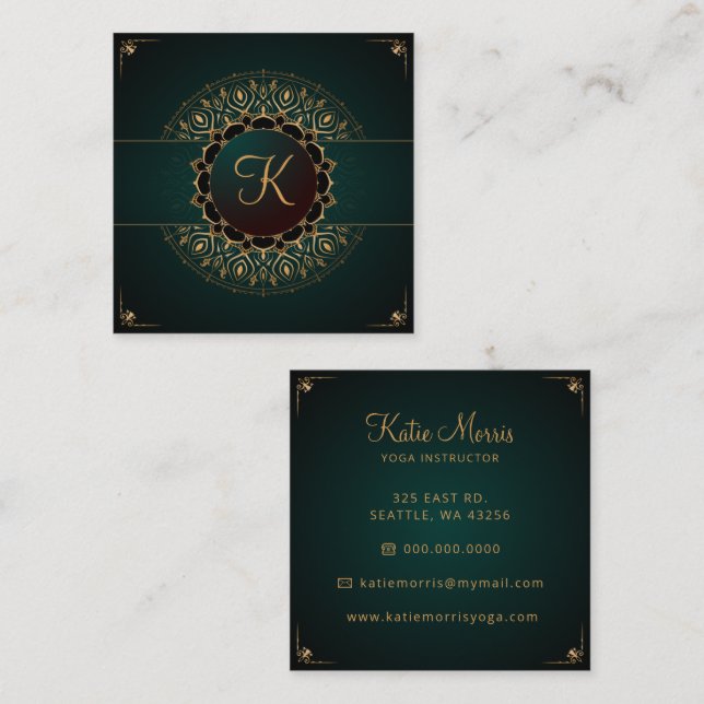 Green Gold Mandala Elegant Yoga Instructor Square  Square Business Card (Front/Back)
