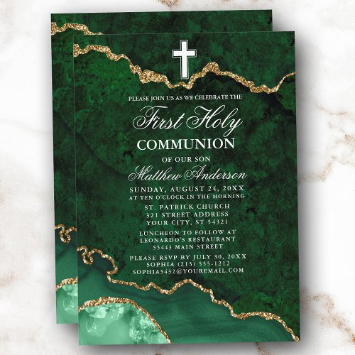 Green Gold Marble Agate Geode First Holy Communion Invitation