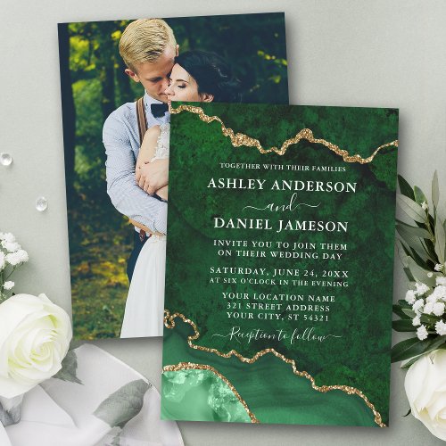 Green Gold Marble Agate Geode Photo Wedding Invitation