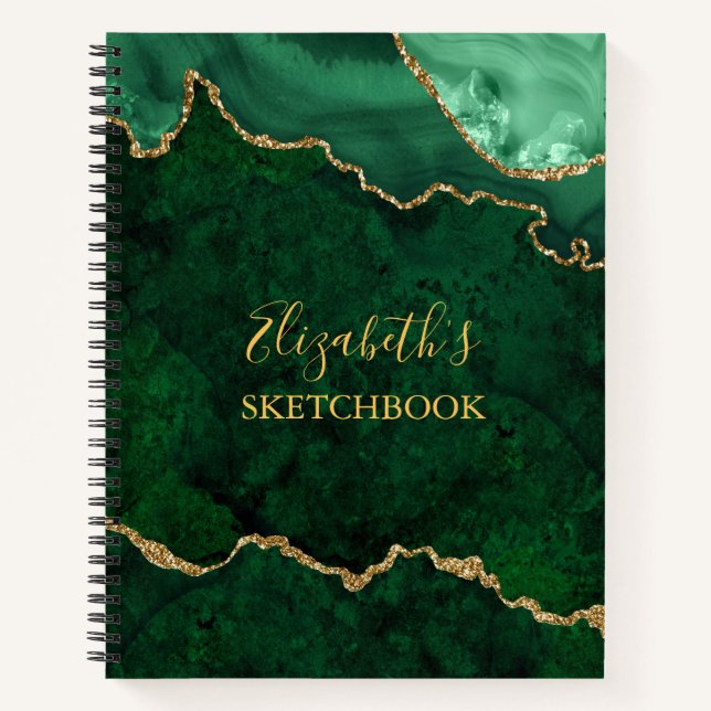 Green Gold Marble Agate Geode Sketchbook Notebook (Front)
