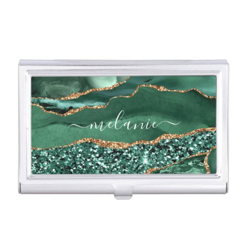 Green Gold Marble Custom Name Business Card Case