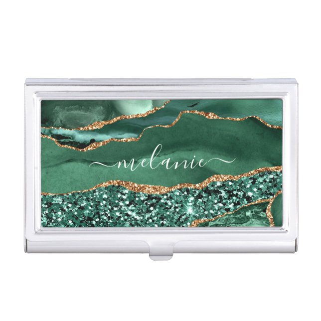 Green Gold Marble Custom Name Business Card Case (Front)