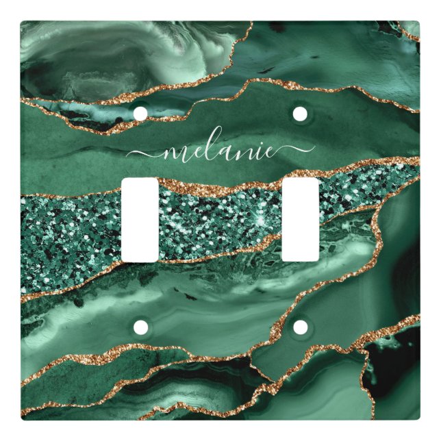 Green Gold Marble Custom Name Light Switch Cover (Front)