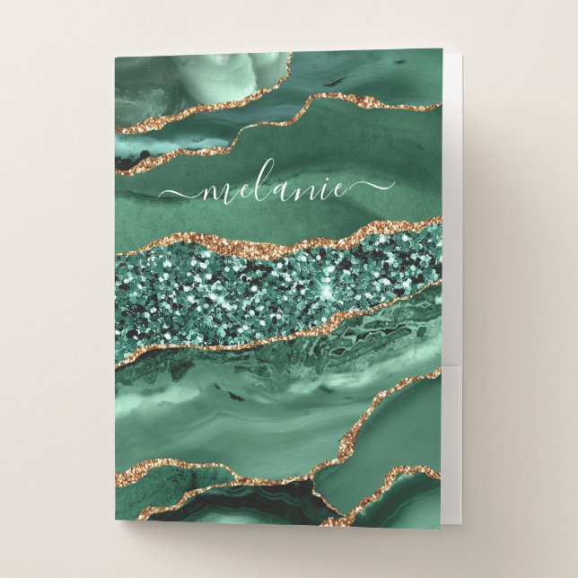 Green Gold Marble Custom Your Name Pocket Folder (Front)