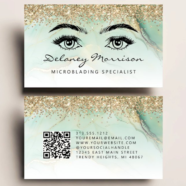 Green Gold Marble Eyes QR Code Microblading Business Card (Creator Uploaded)