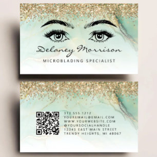 Green Gold Marble Eyes QR Code Microblading Business Card