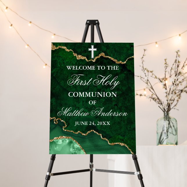 Green Gold Marble First Holy Communion Welcome Foam Board (In Situ (Stand))