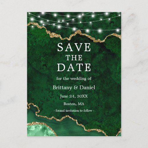 Green Gold Marble Geode Lights Save The Date Announcement Postcard