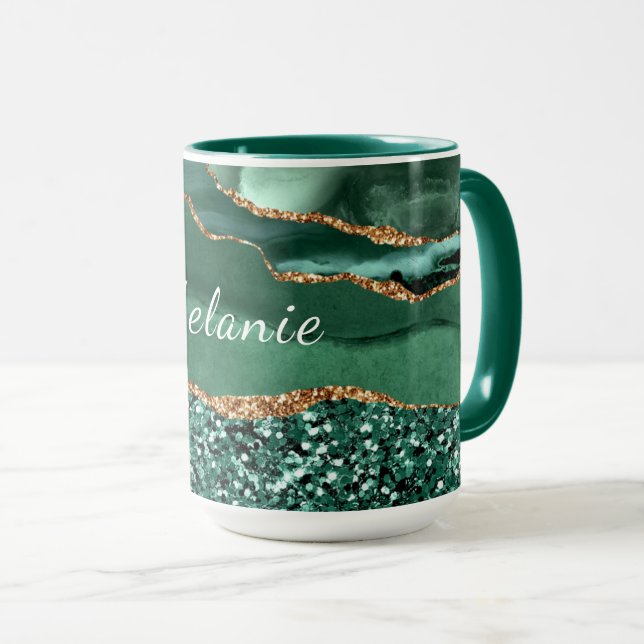 Green Gold Marble Glitter Emerald Custom Name Mug (Front Right)