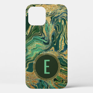 Green Gold Marble Glitter Monogram iPhone 12 Pro Case