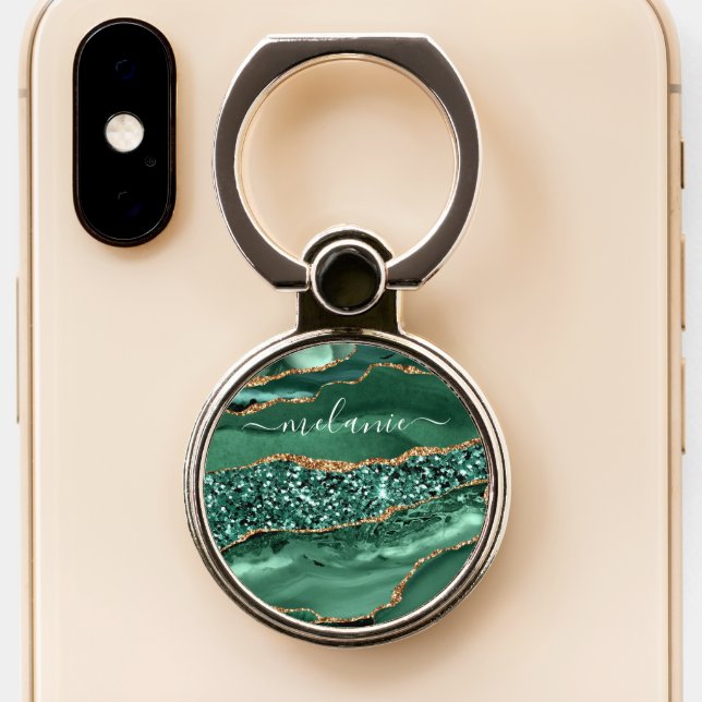 Green Gold Marble Phone Ring Stand and Custom Name (Close Up)
