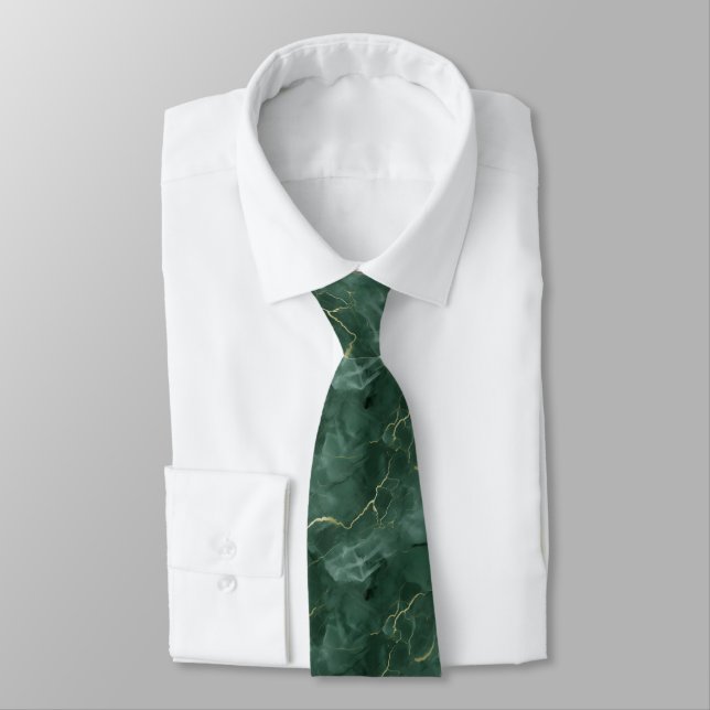 Green Gold Marble Swirl Men's Neck Tie (Tied)