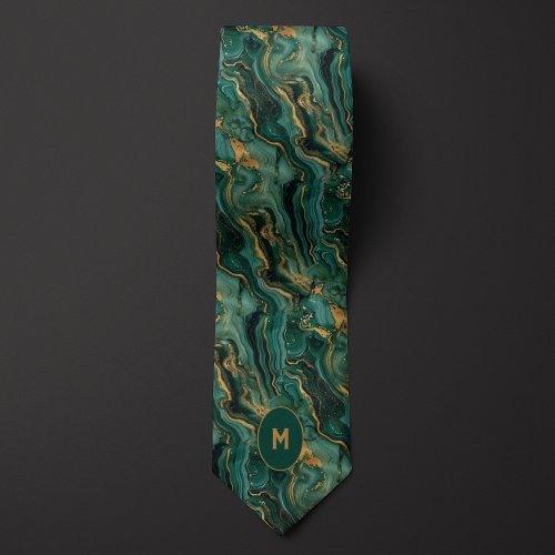 Green  Gold Marbled Monogram Neck Tie