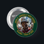 Green Gold Marching Band Photo High School Button<br><div class="desc">This cool customized high school marching band photo features your team and player name on a dark green brag button with gold script. Personalize with your student's photograph and class year as a proud parent. A mom and dad can wear these buttons to competition and games.</div>