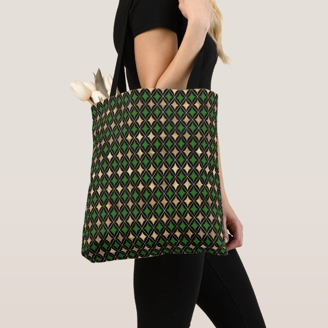 GREEN & GOLD MARDI GRAS DIAMOND PATTERNS TOTE BAG (Close Up)