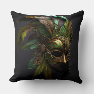 GREEN & GOLD MARDI GRAS MASK & FEATHERS THROW PILLOW
