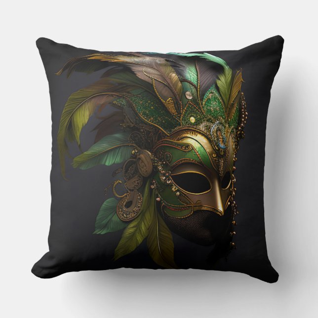 GREEN & GOLD MARDI GRAS MASK & FEATHERS THROW PILLOW (Front)