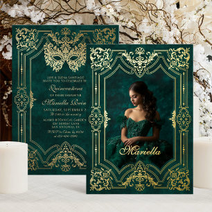 Green Gold Masquerade Photo Quinceanera Foil Invitation