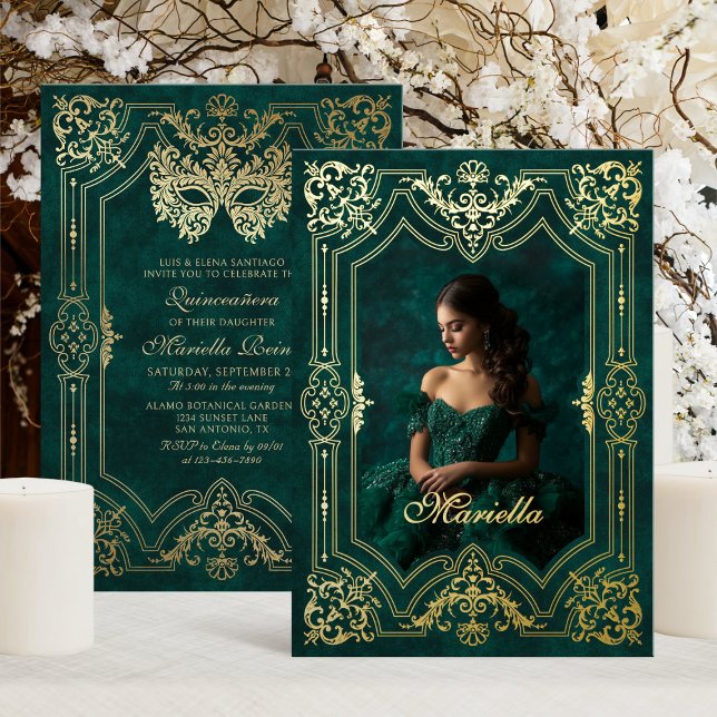 Green Gold Masquerade Photo Quinceanera Foil Invitation (Creator Uploaded)