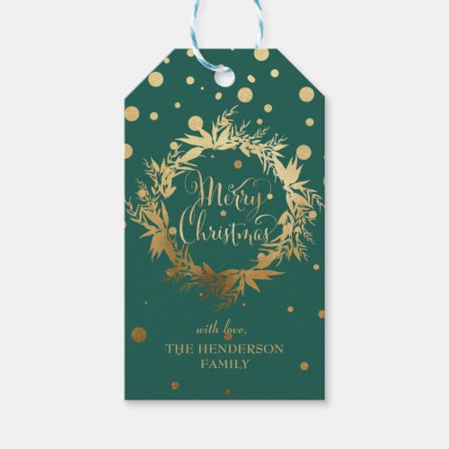 Green Gold Merry Christmas Eucalyptus Wreath Gift Tags