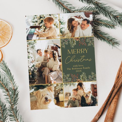 Green Gold Merry Christmas Family Photo Card