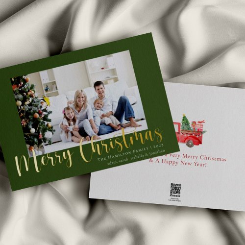 Green Gold Merry Christmas Family Photo Foil Holiday Card