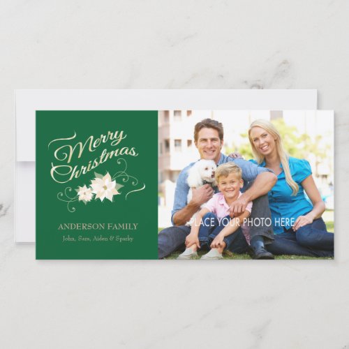 Green  Gold Merry Christmas  White Poinsettias Holiday Card