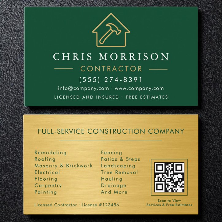 Green Gold Metal Building Construction QR Code Business Card