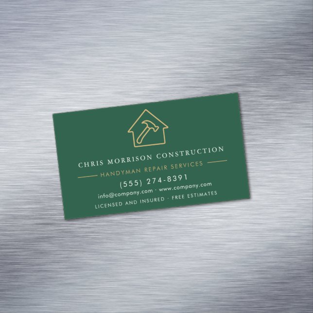 Green Gold Metal Handyman Construction Business Card Magnet (In Situ)