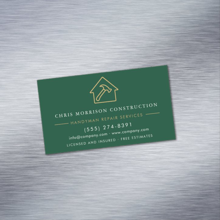 Green Gold Metal Handyman Construction Business Card Magnet