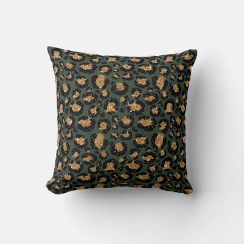 Green Gold Metallic Foil Glam Leopard Fur Spots Throw Pillow