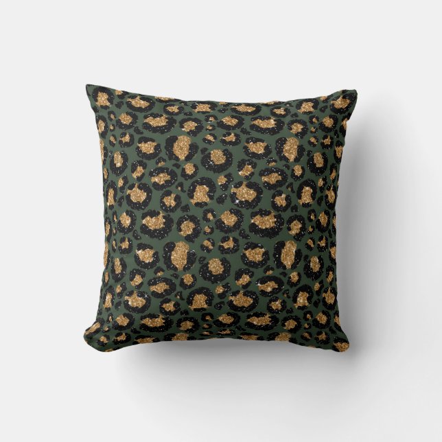 Green Gold Metallic Foil Glam Leopard Fur Spots Throw Pillow (Front)