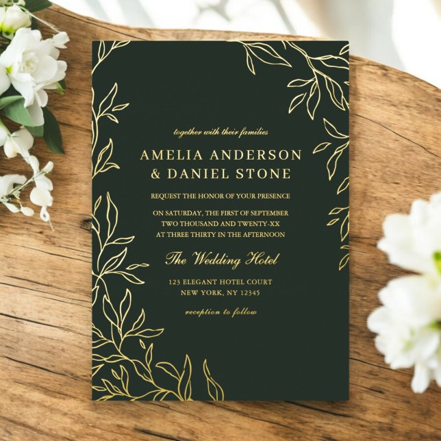 Green Gold Minimal Elegant Leaf Wedding  Foil Invitation (Creator Uploaded)