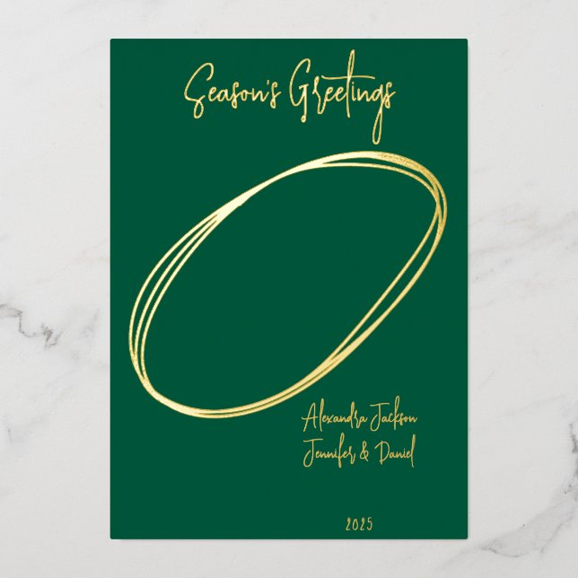 Green & Gold Minimal Season's Greetings Christmas Foil Holiday Card (Front)