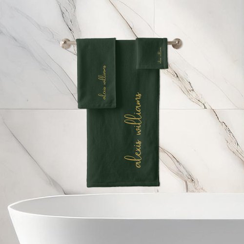 Green Gold Minimalist Script Signature Monogram Bath Towel Set