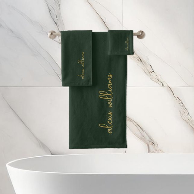 Green Gold Minimalist Script Signature Monogram Bath Towel Set (Creator Uploaded)