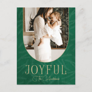 Green Gold Modern Botanical Arch Joyful Photo Holiday Postcard