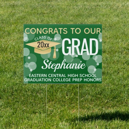 Green Gold Modern Bubbles Congrats Graduation Yard Sign