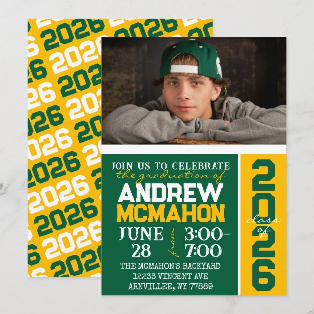 Green & Gold Modern Graduation Photo Invitation (Front/Back)
