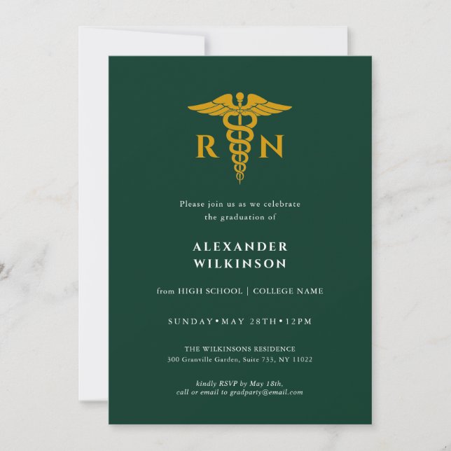 Green Gold Modern Nurse School Graduation Invitation (Front)