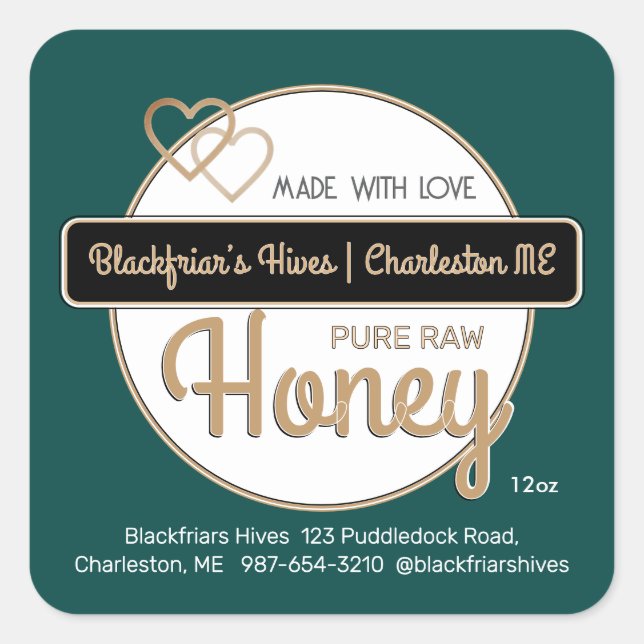 Green Gold Modern Script Honey Made With Love Square Sticker (Front)