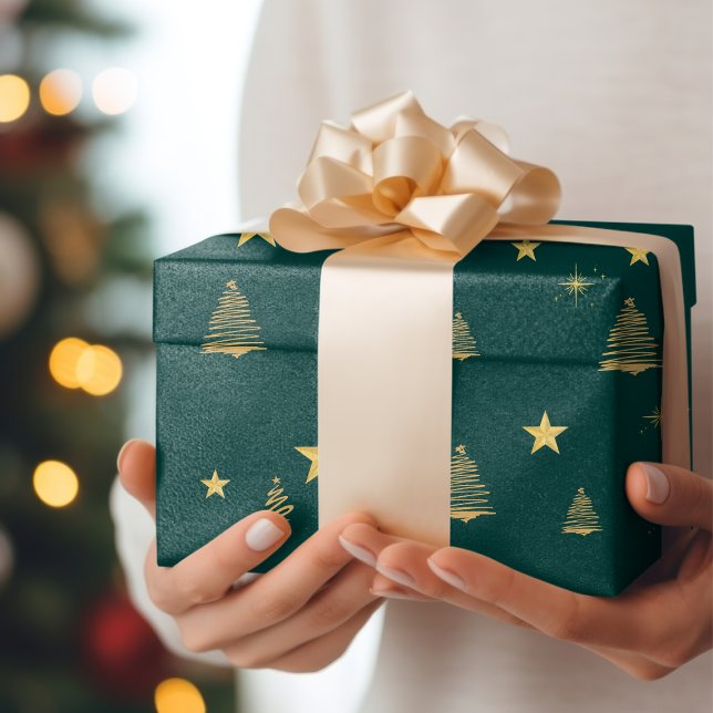 Green Gold Modern simple geometric Christmas tree  Wrapping Paper (Creator Uploaded)