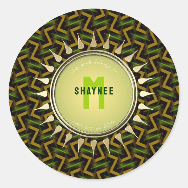 Green + Gold Modern Tribal Sun Monogram Bookplate (Front)