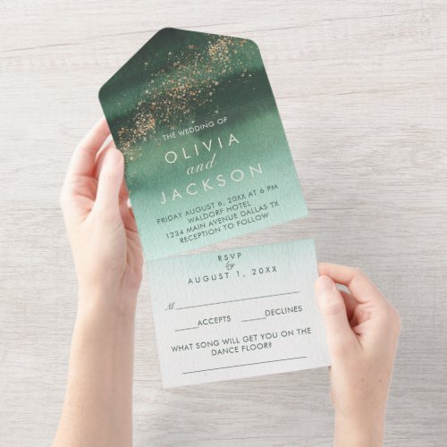 Green  Gold Modern Watercolor Ombre Wedding All In One Invitation