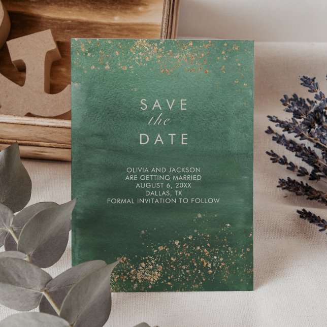 Green & Gold Modern Watercolor Save the Date Invitation
