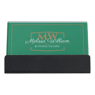 Green Gold Monogram Desk Business Card Holder