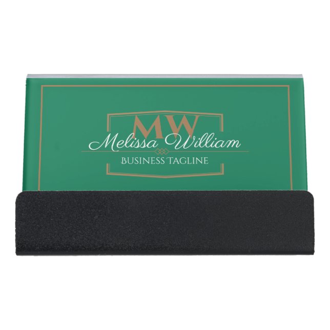 Green Gold Monogram Desk Business Card Holder (Front)
