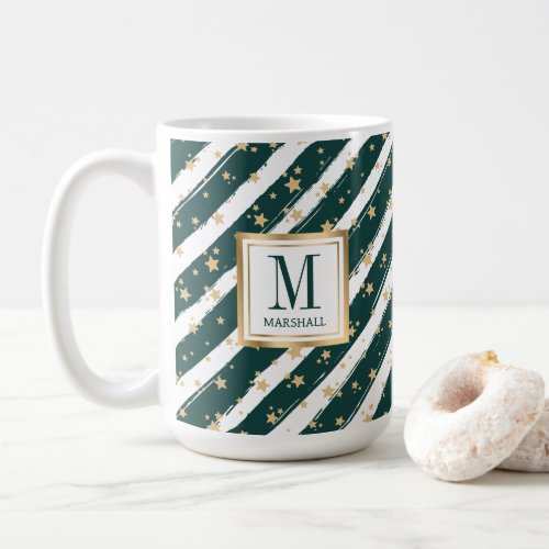 Green Gold Monogram Name Christmas Holiday Coffee Mug