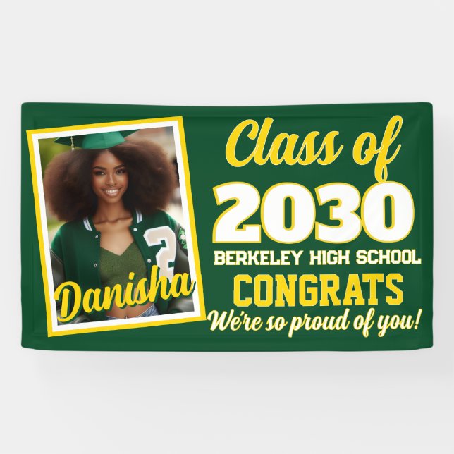 Green Gold Monogram Photo Graduation Banner (Horizontal)